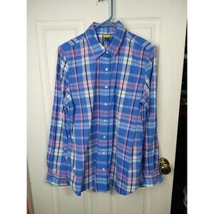 Prince & Fox Woman L Easter Button Shirt Blue Pink Madras Plaid Long Sleeve
